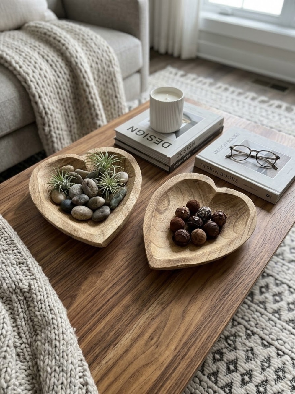 Darling Heart-Shaped Rustic Wooden Bowl Set - Natural Wood Finish